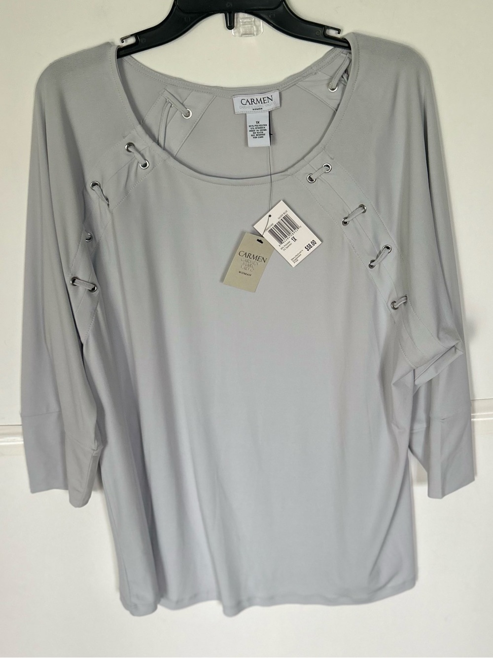Carmen Woman’s Light Gray Lace-Up Detail Top with 3/4 sleeves. 1X